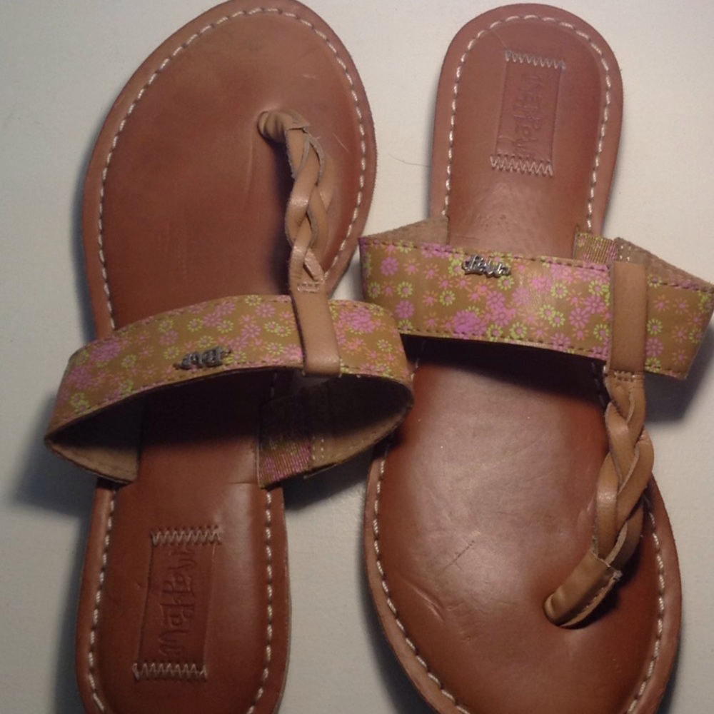 Brown flip flops floral